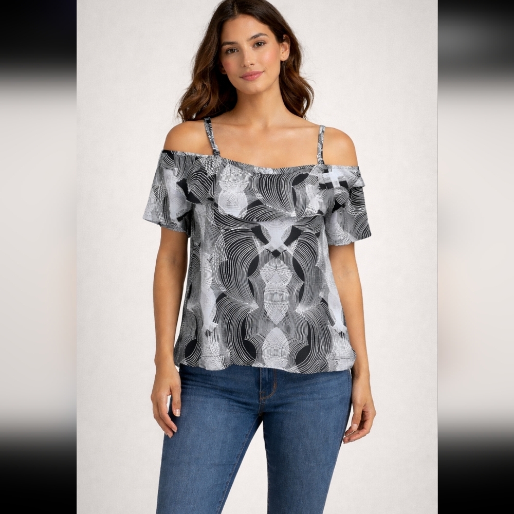 Valija Women’s XS Black/ Blue Abstract One-Strap Off-Shoulder Summer Blouse#1186